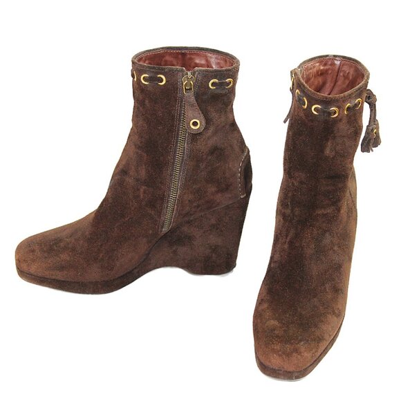 Original Car Shoe Prada Chocolate Suede Gold Tone Eyelet Wedge, Size 36.5 - Picture 2 of 11